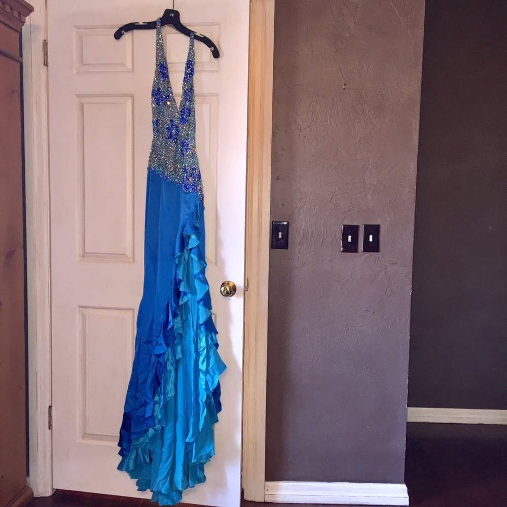 Custom Sherri Hill blue beaded pageant gown